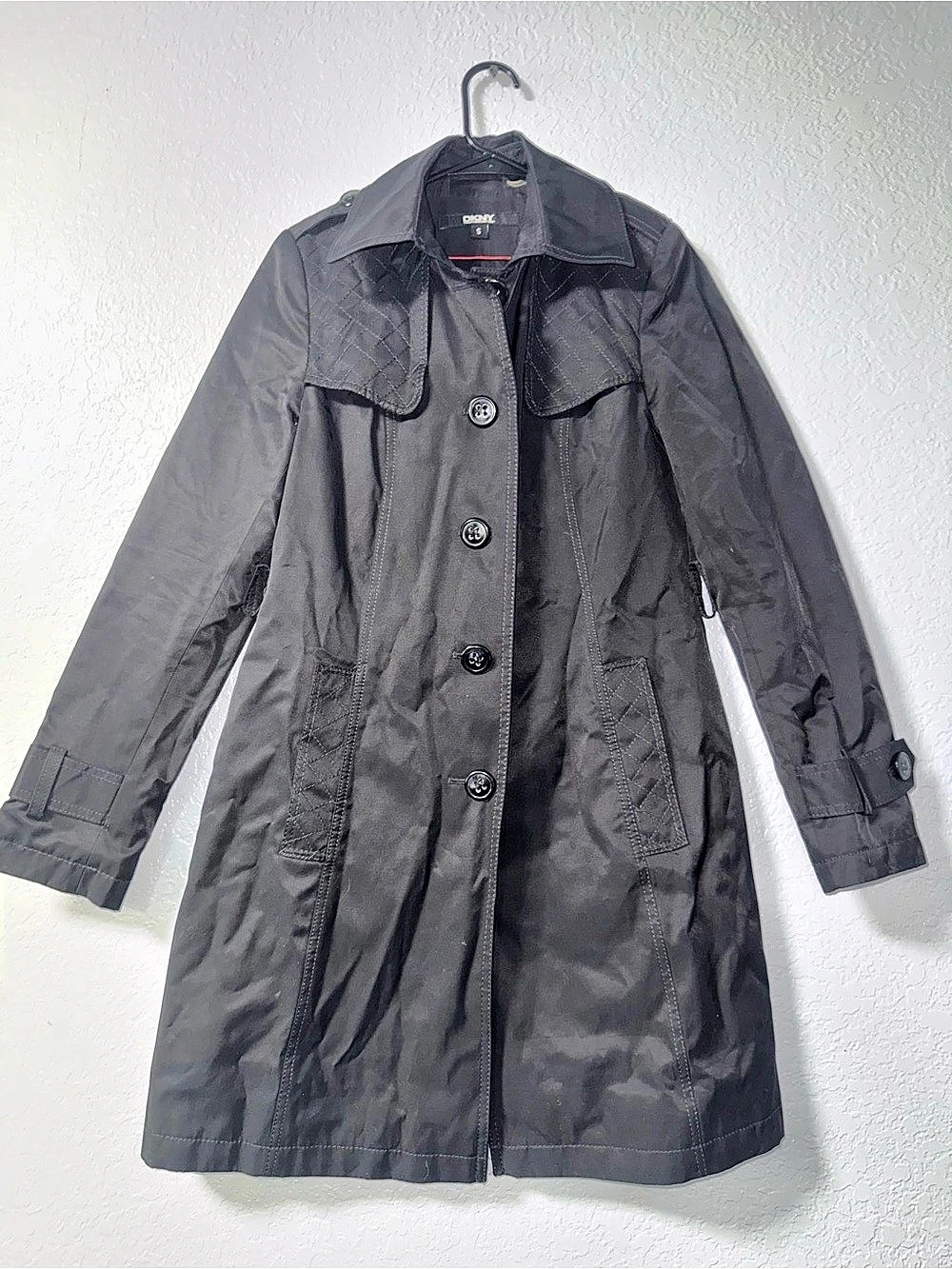 DKNY Vintage Black Trench Coat Jacket Red Trim Size S